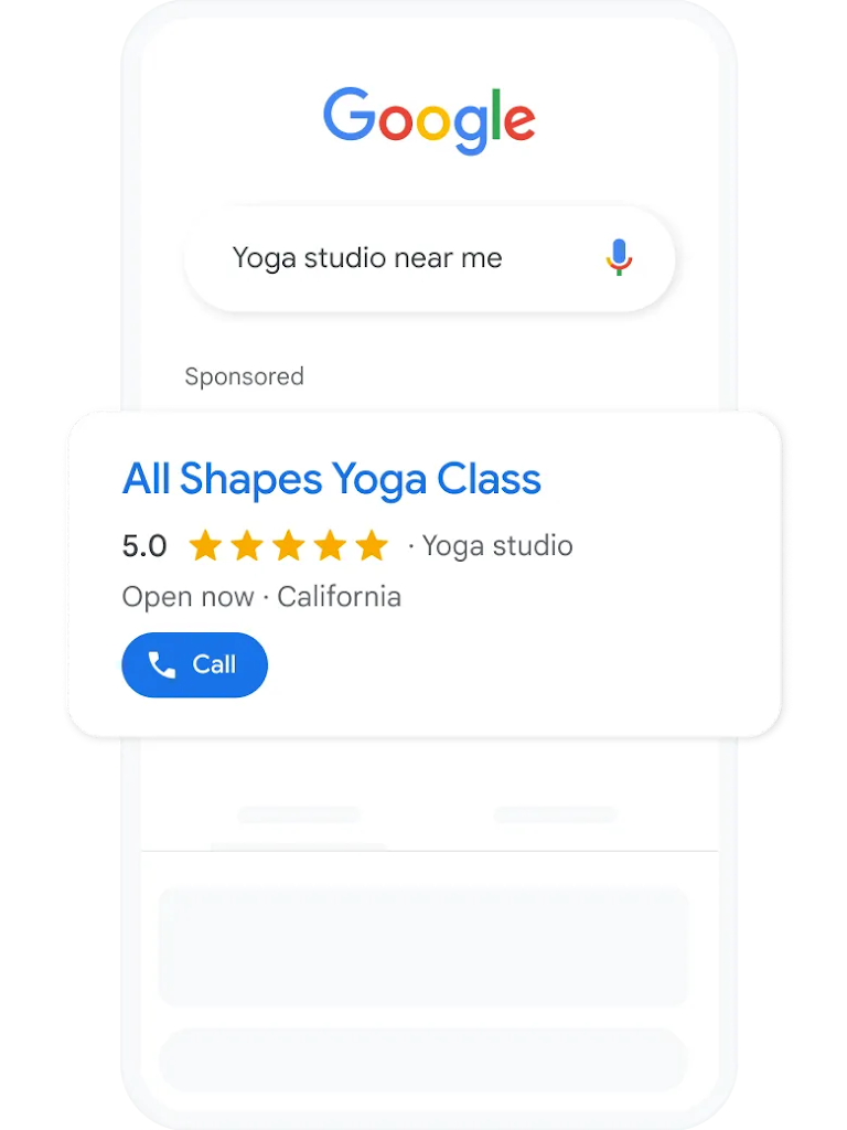 A search query and local services ad for yoga studios nearby.