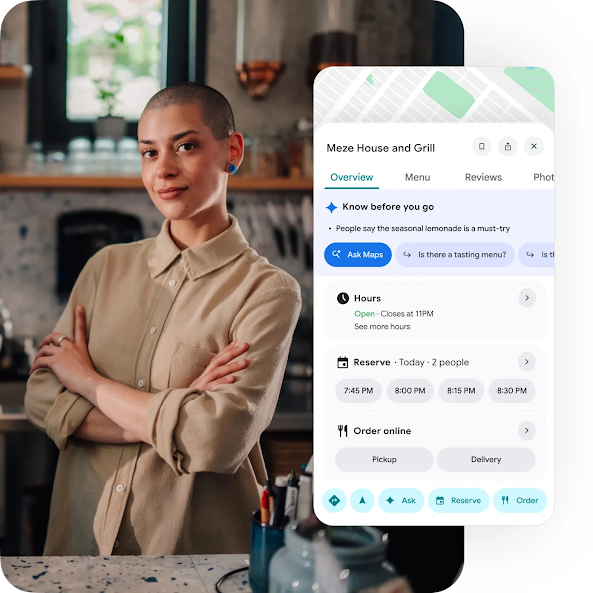 Example of a Restaurant business profile hours, reservations, online ordering, and know before you go information.