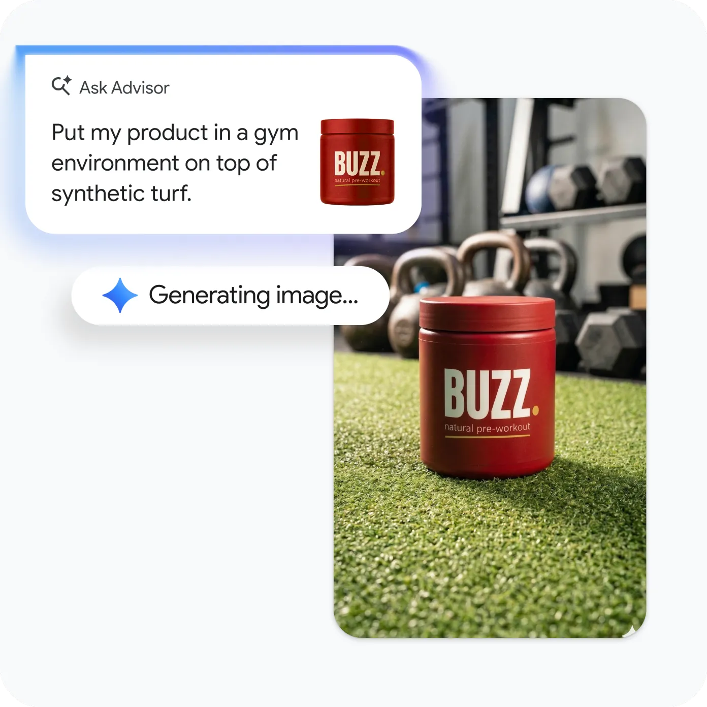 A popup says “Ask Advisor” and the prompt says to place the product in a gym on top of synthetic turf, showing that you can generate images.