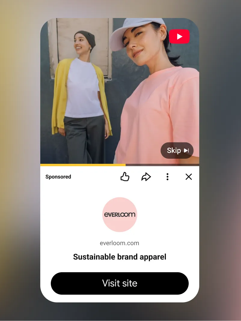 A skippable YouTube ad plays with a button to go to the business’s site.