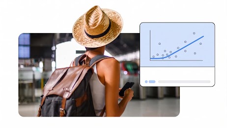 A traveler viewed from behind, wearing a straw hat and a brown backpack, stands in a blurred train station or airport terminal holding a smartphone. On the right side of the image, there is an overlay of a digital graphic displaying an upward-trending scatter plot line graph on a light blue background, situated above a blank white interface panel with small placeholder shapes.