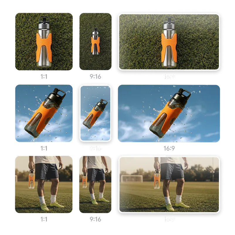 Grid of images and videos in 1:1, 9:16, and 16:9.