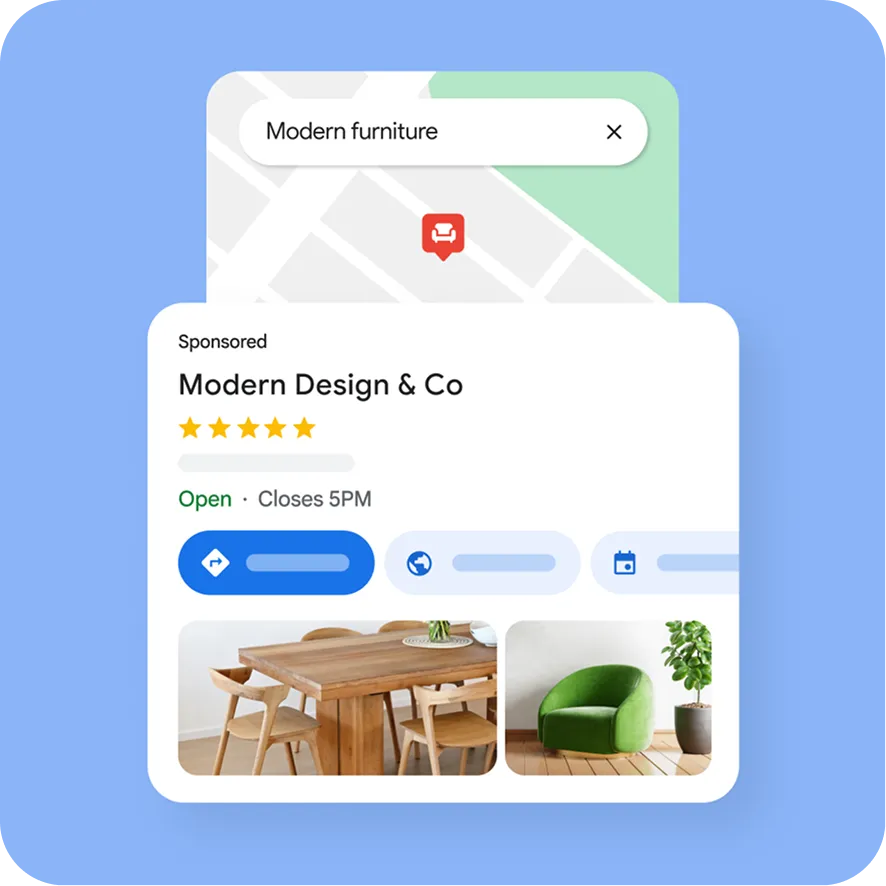 A business can show up in Search and on Maps with location, store info, and products displayed.