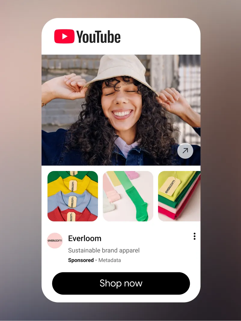 In-feed ad with image, products tiles, store description, and Shop Now button.