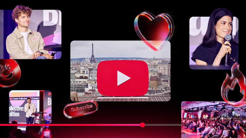 Montage graphique sur fond rouge pour l'événement « Creator Collective ». À gauche, la tour Eiffel et l'icône YouTube ; au centre et à droite, les créateurs Gaspard G et Stelle s'exprimant lors d'une conférence sur l'influence.