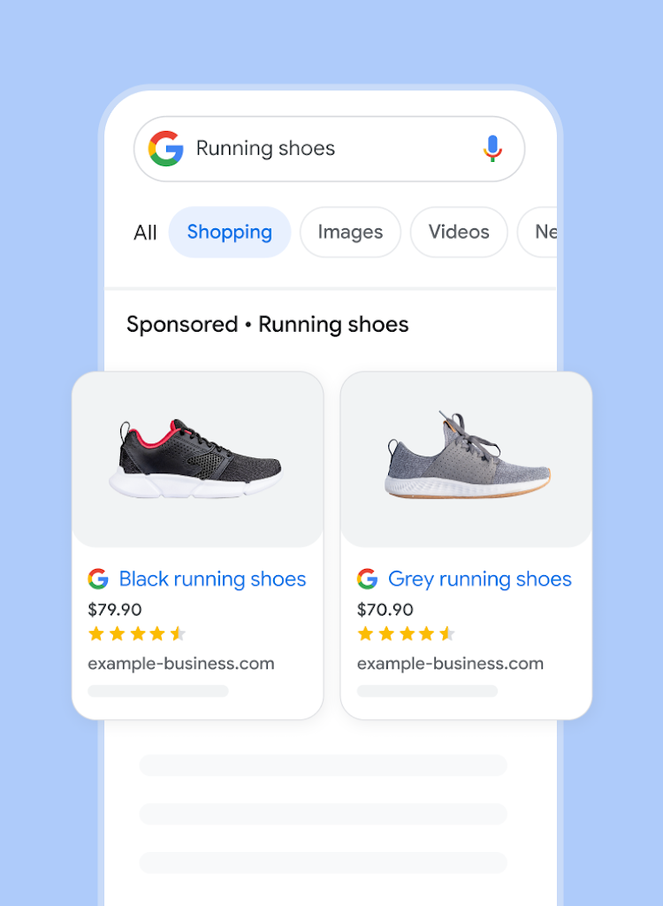 A search query for running shoes shows 2 sponsored shopping ads for running shoes.