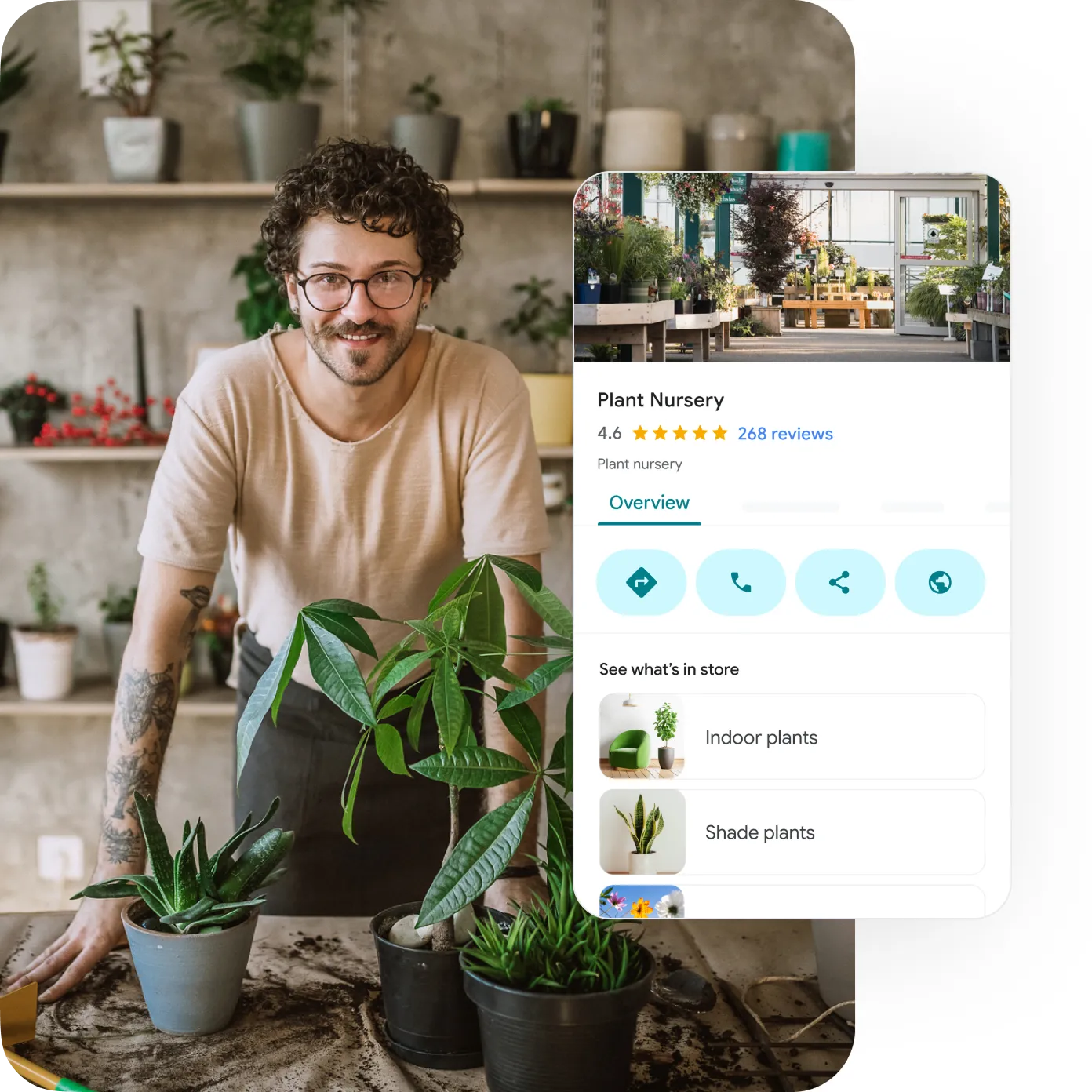 A plant nursery’s business profile shows their rating, links, direction, ways to connect, and inventory.