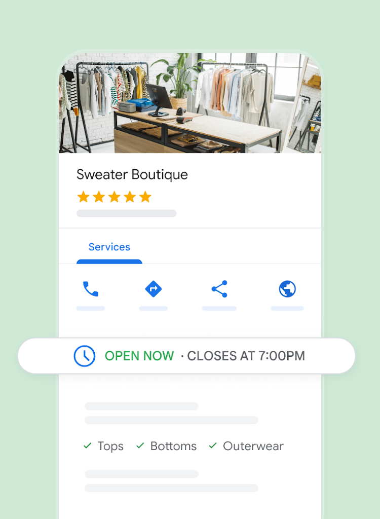 A Google Business Profile for a clothing store shows store information and the products the store carries.