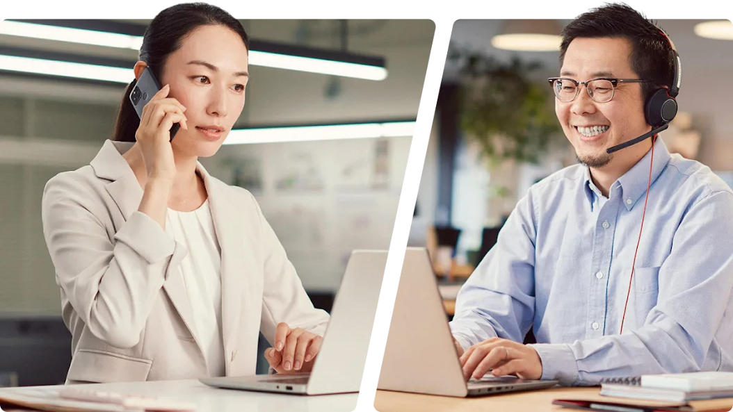 ノートPCを使いながら電話をしている女性と、ヘッドセットをつけてGoogle広告のサポートをする笑顔の男性オペレーター