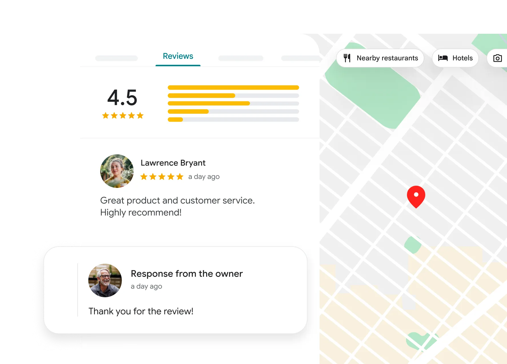 Snapshot of reviews on Google Maps with the business owner responding to a positive comment.