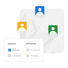 UI showing Interests and Affiliation selector and people icons across a map.