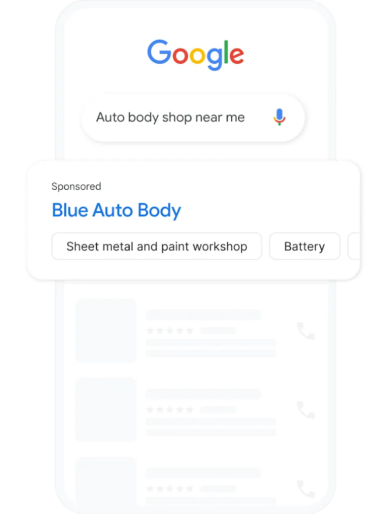 A search query and local services ad for autobody shops nearby.