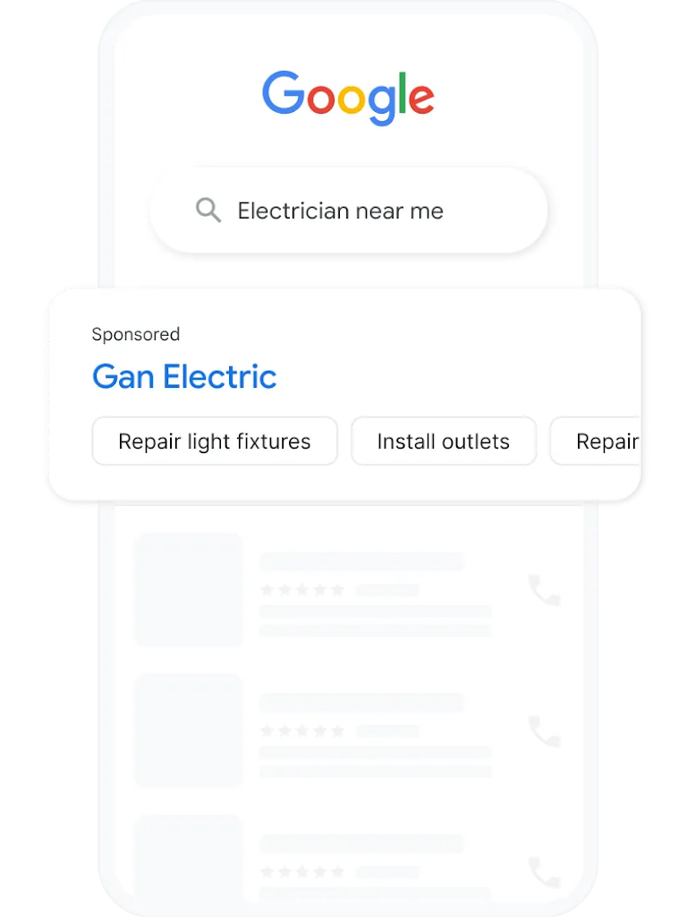 A search query and local services ad for electricians nearby.  