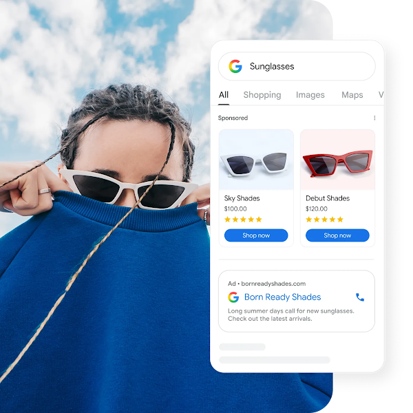 A google search for “sunglasses” with sponsored shopping results at the top of the page.
