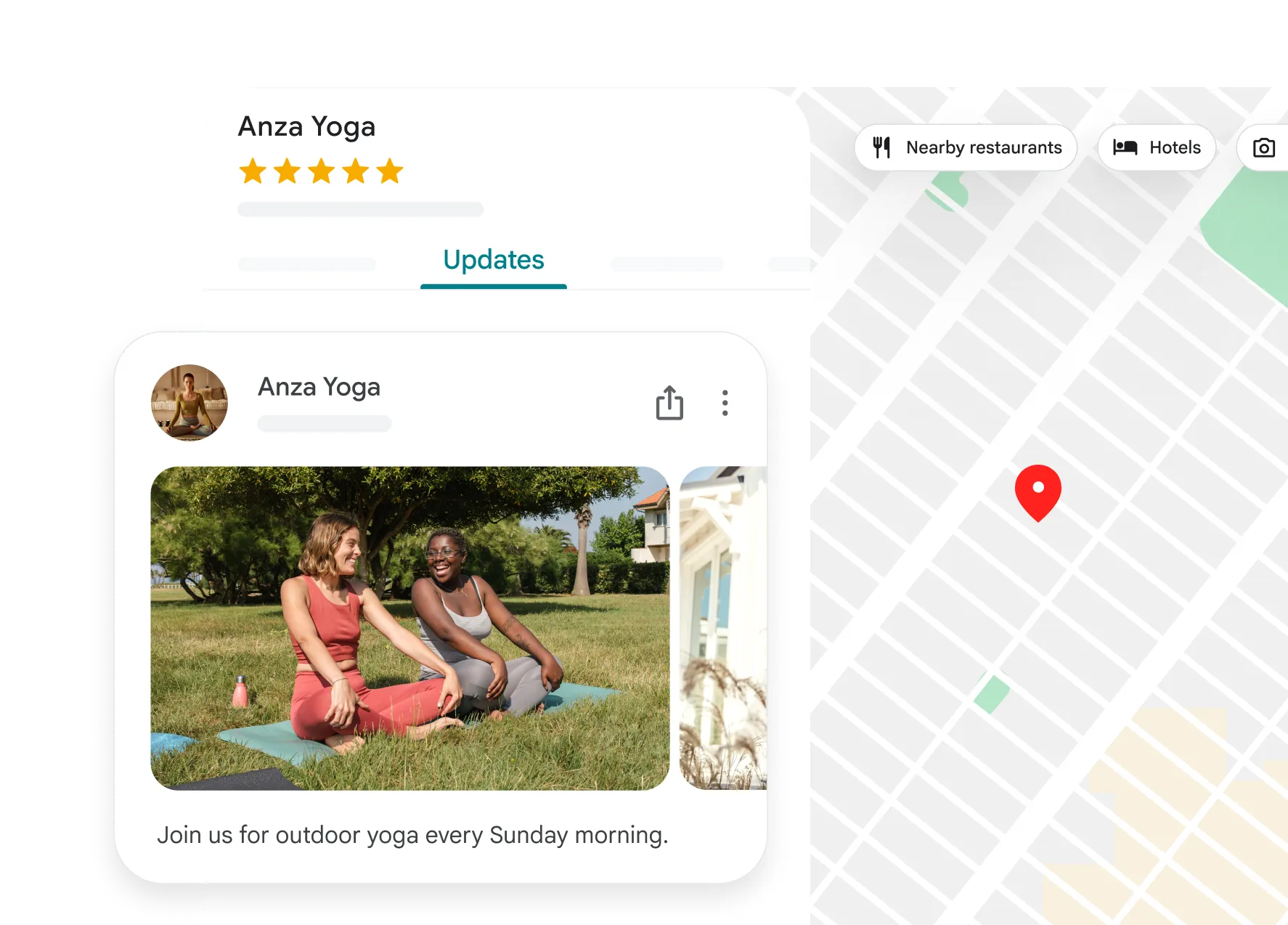Snapshot of the updates tab on a yoga business’s page on Google Maps.