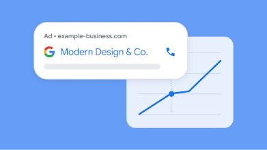 Collage showing the paid search ad for Modern Design & Co and a chart trending upwards.