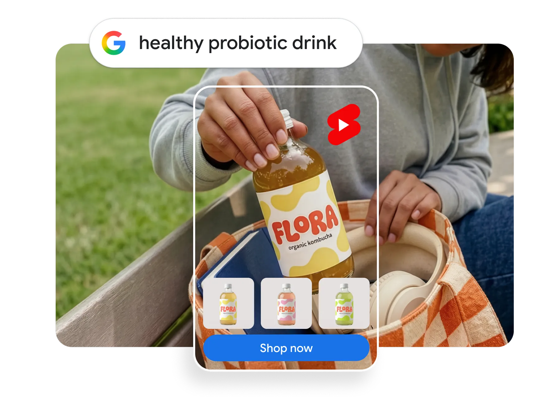 Youtube Shorts featuring a probiotic drink with ads for that drink overlaid and a Shop Now button.